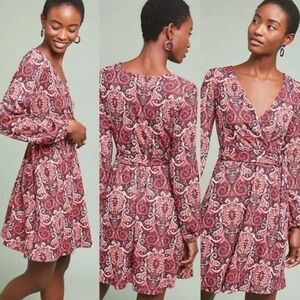 Anthropologie Red and Pink Paisley Long Sleeve Dress size XS NWT $148